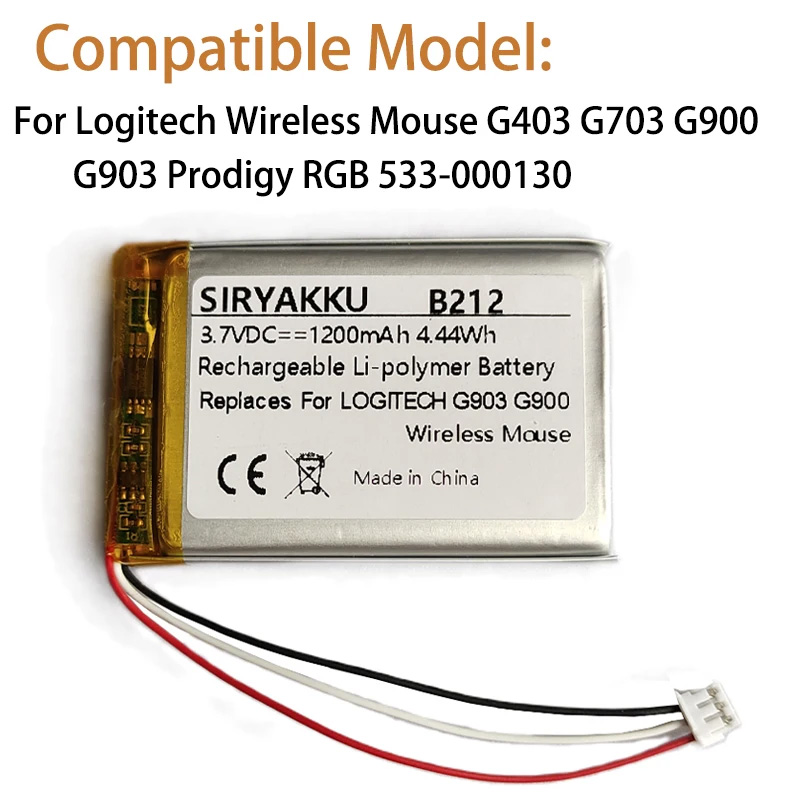 3.7V 1200mAh Lithium polymer Rechargeable Battery For Logitech Wireless Mouse G403 G703 G900 G903 Prodigy RGB 533-000130