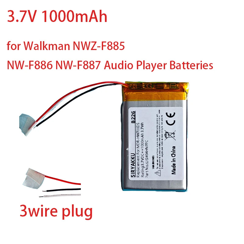 3.7V 1000mAh Lithium Polymer Battery for Sony MDR-HW700DS NWZ-F885 NW-F886 NW-F887 Audio Player Batteries 3 Wire